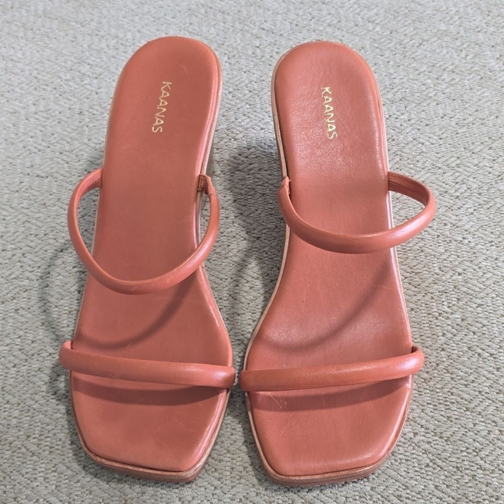 Kaanas Leather Brick Red Square Toe Wedge Sandals - Size 9